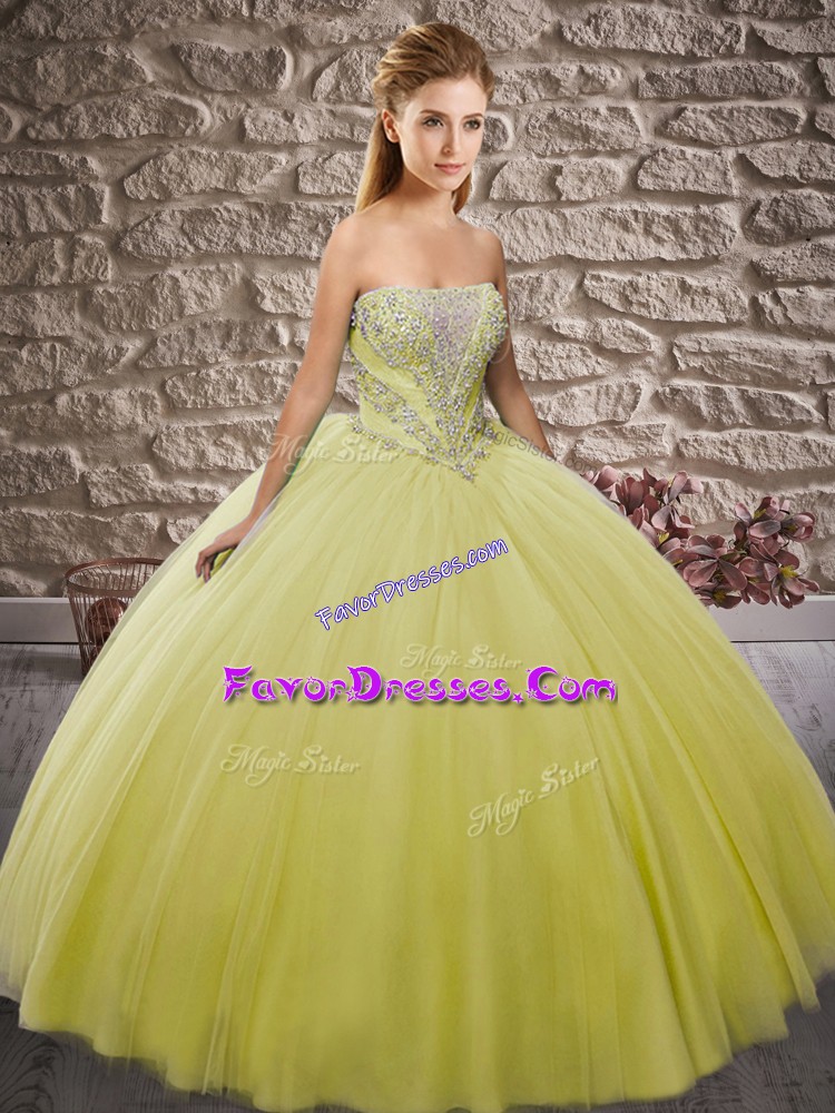 Wonderful Olive Green Tulle Lace Up Strapless Sleeveless Floor Length Sweet 16 Dress Beading