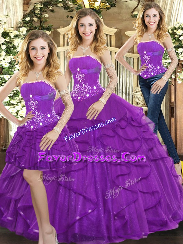 Trendy Purple Tulle Lace Up Strapless Sleeveless Floor Length 15th Birthday Dress Beading and Ruffles