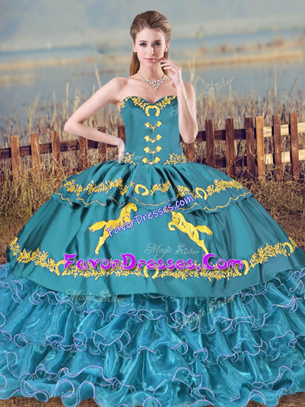 Decent Blue Ball Gowns Embroidery and Ruffles Quinceanera Dresses Lace Up Satin and Organza Sleeveless Floor Length