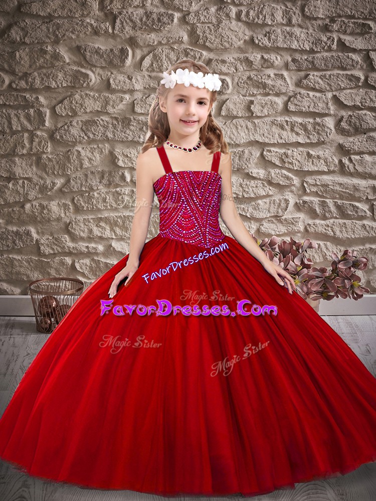  Straps Sleeveless Tulle Little Girls Pageant Dress Wholesale Beading Lace Up