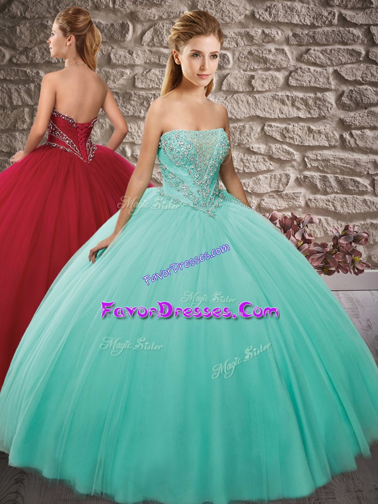Sweet Sleeveless Tulle Floor Length Lace Up Quinceanera Dresses in Apple Green with Beading