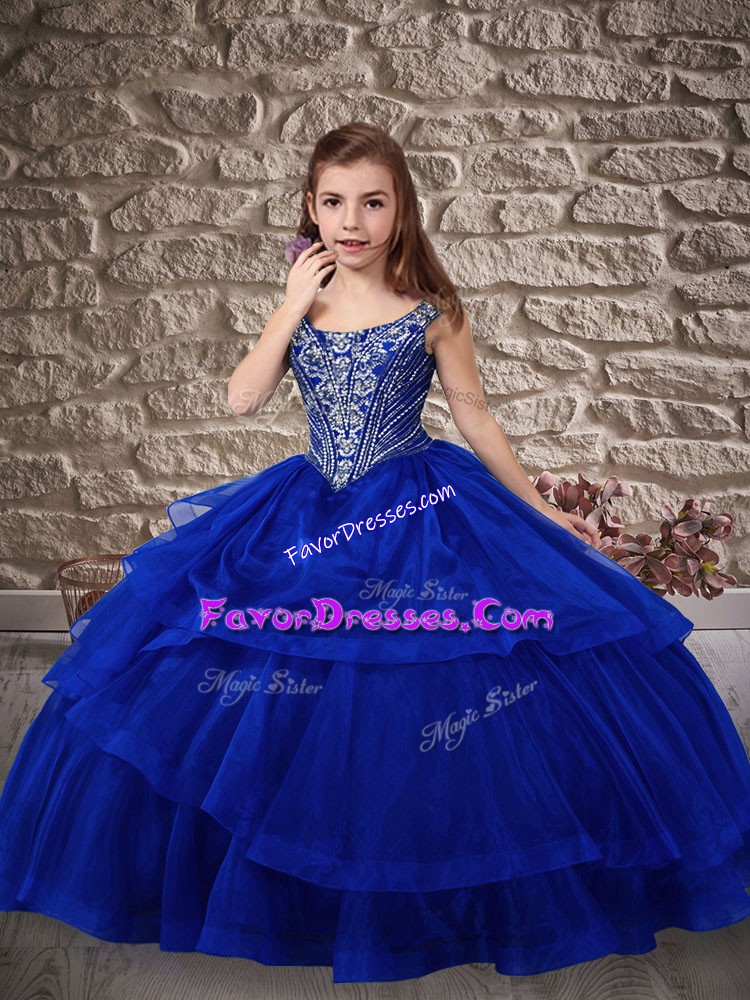 Superior Royal Blue Little Girl Pageant Gowns Wedding Party with Beading and Ruffled Layers Straps Sleeveless Sweep Train Lace Up