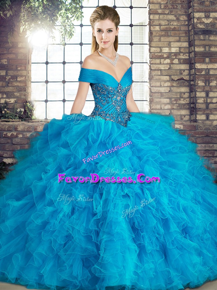  Floor Length Blue Sweet 16 Dresses Off The Shoulder Sleeveless Lace Up