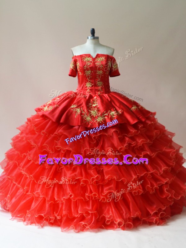 Cheap Organza Off The Shoulder Sleeveless Lace Up Embroidery and Ruffled Layers Vestidos de Quinceanera in Red