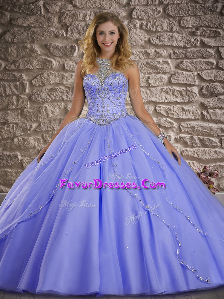  Lavender Sleeveless Tulle Brush Train Lace Up Sweet 16 Dresses for Military Ball and Sweet 16 and Quinceanera