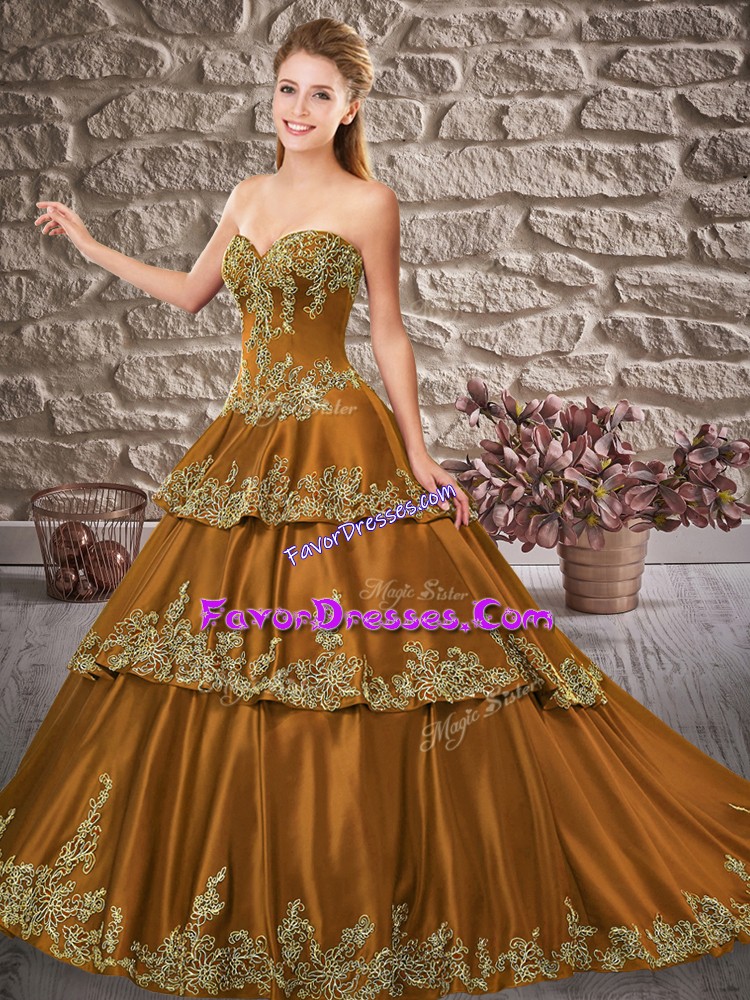  Satin Sweetheart Sleeveless Brush Train Lace Up Appliques Ball Gown Prom Dress in Brown