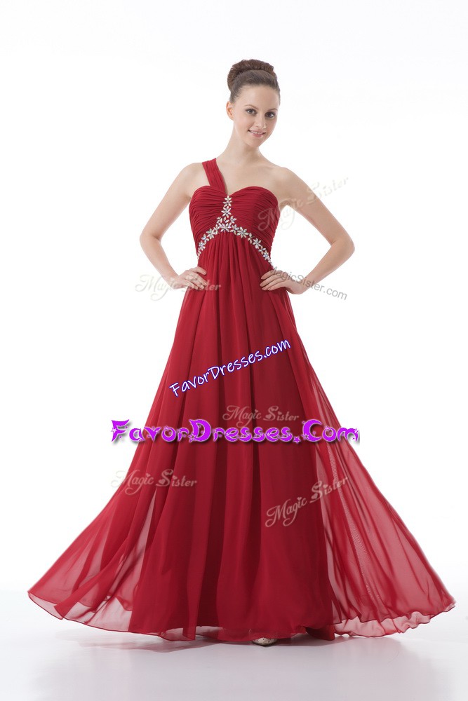  Floor Length Empire Sleeveless Red Prom Gown Backless