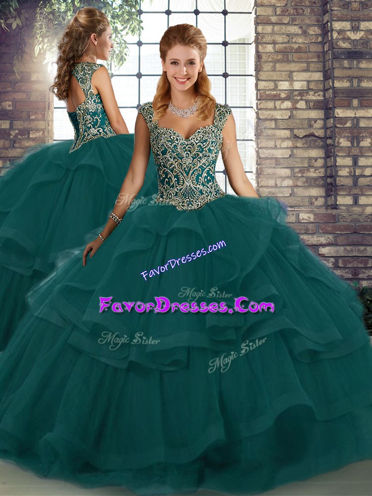  Peacock Green Ball Gowns Straps Sleeveless Tulle Floor Length Lace Up Beading and Ruffles Quinceanera Gowns