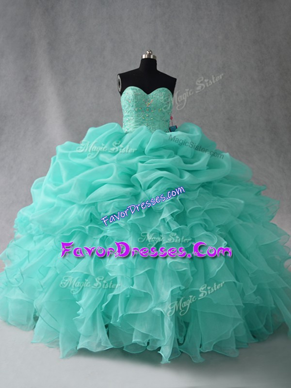 Most Popular Aqua Blue Sweet 16 Dress Sweet 16 and Quinceanera with Beading and Ruffles and Pick Ups Sweetheart Sleeveless Lace Up