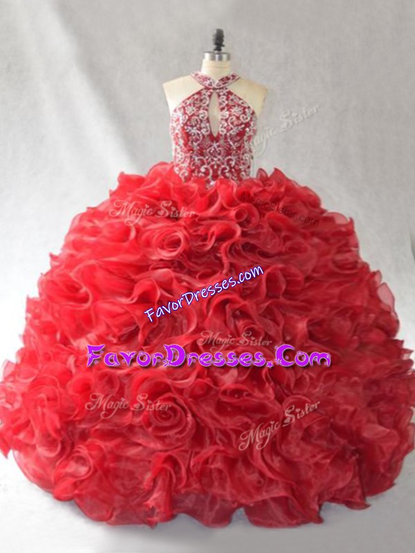 Trendy Red Ball Gowns Halter Top Sleeveless Organza Brush Train Lace Up Beading and Ruffles Quinceanera Gown