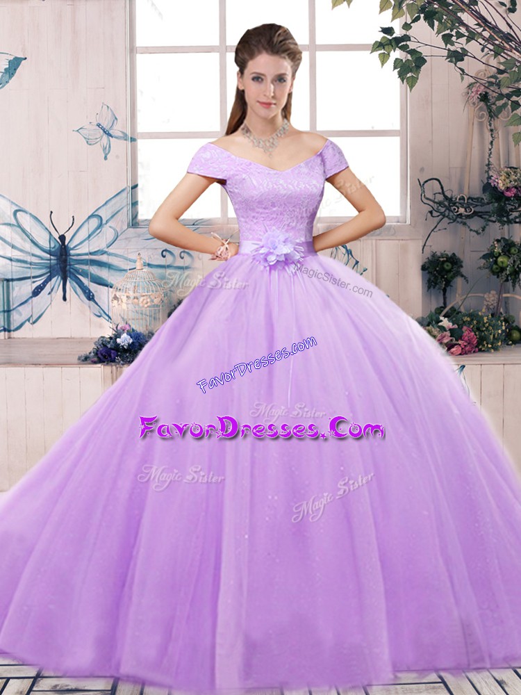  Lavender Ball Gowns Off The Shoulder Short Sleeves Tulle Floor Length Lace Up Lace and Hand Made Flower Quinceanera Gown