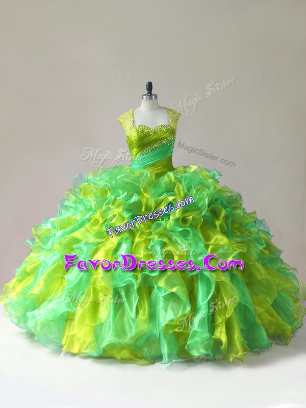  Sleeveless Organza Floor Length Zipper Quinceanera Dress in Multi-color with Beading and Ruffles