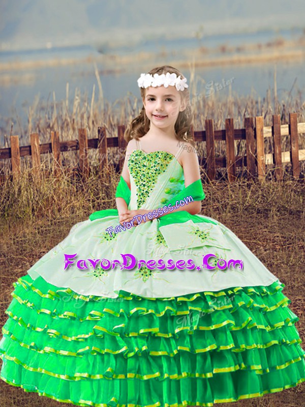  Ball Gowns Pageant Dress for Womens Green Straps Organza Sleeveless Floor Length Lace Up