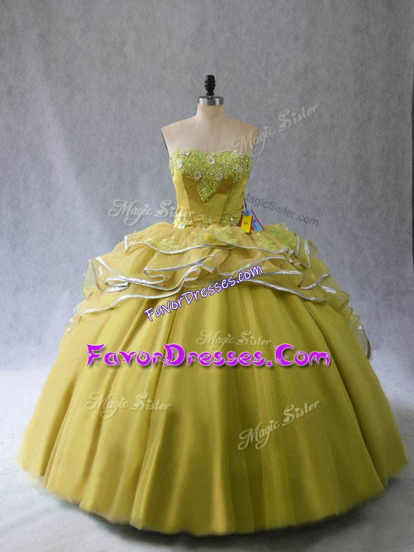Wonderful Olive Green Quince Ball Gowns Sweet 16 and Quinceanera with Appliques and Ruffles Sweetheart Sleeveless Brush Train Lace Up
