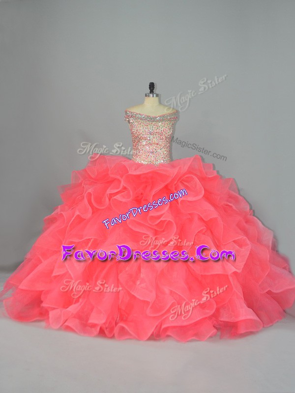  Watermelon Red Sleeveless Beading and Ruffles Quinceanera Gowns