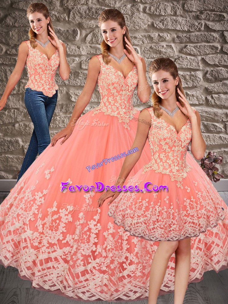  V-neck Sleeveless Brush Train Lace Up Sweet 16 Dresses Peach Tulle
