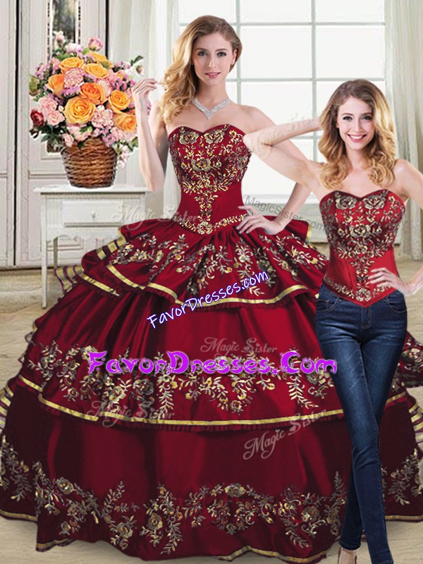 Wine Red Satin and Organza Lace Up Sweetheart Sleeveless Quinceanera Gown Embroidery and Ruffled Layers