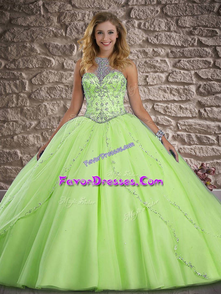 Simple Halter Top Sleeveless Brush Train Lace Up Ball Gown Prom Dress Yellow Green Tulle