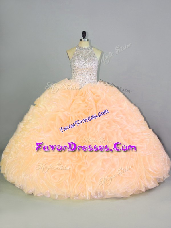 Spectacular Organza Halter Top Sleeveless Lace Up Beading and Ruffles Sweet 16 Quinceanera Dress in Peach