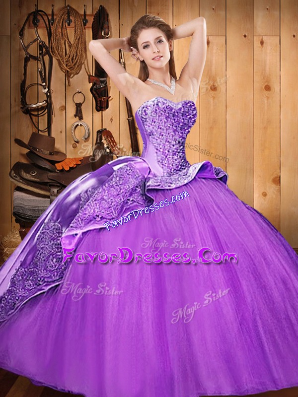 Sophisticated Eggplant Purple Lace Up Sweetheart Beading and Embroidery Ball Gown Prom Dress Satin and Tulle Sleeveless Brush Train