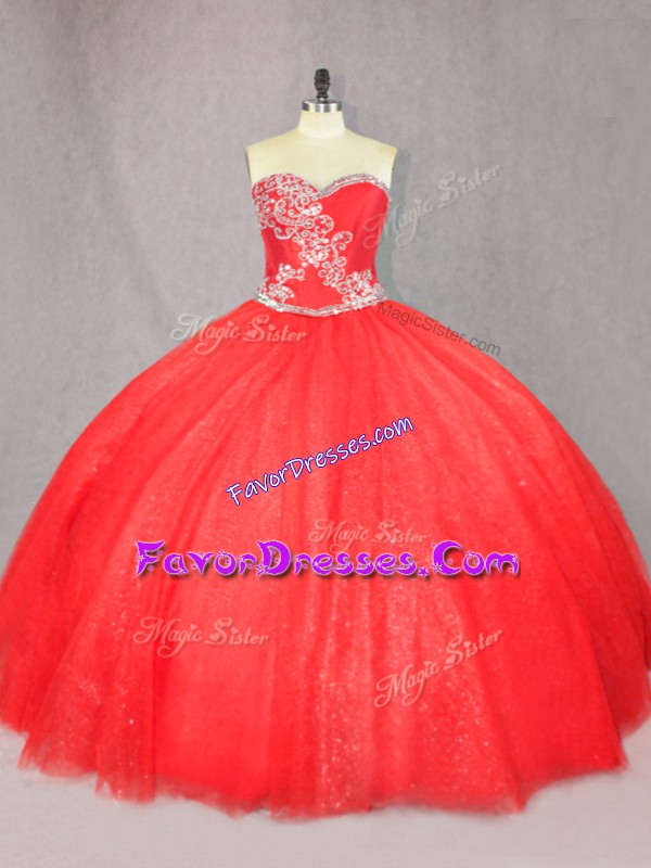  Red Ball Gowns Beading Sweet 16 Dress Lace Up Tulle Sleeveless Floor Length