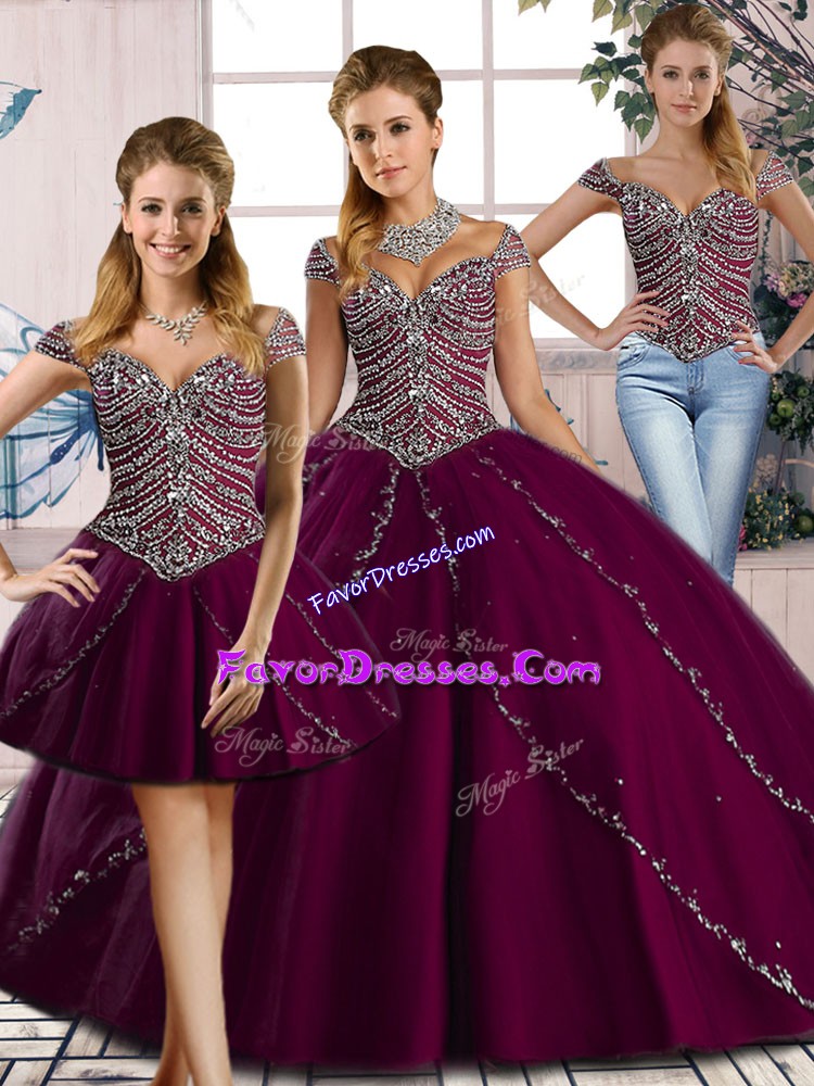 Delicate Lace Up Quinceanera Gowns Purple for Sweet 16 and Quinceanera with Beading Brush Train