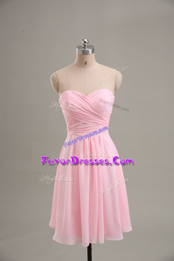 Beautiful Baby Pink Chiffon Zipper Prom Dress Sleeveless Knee Length Ruching