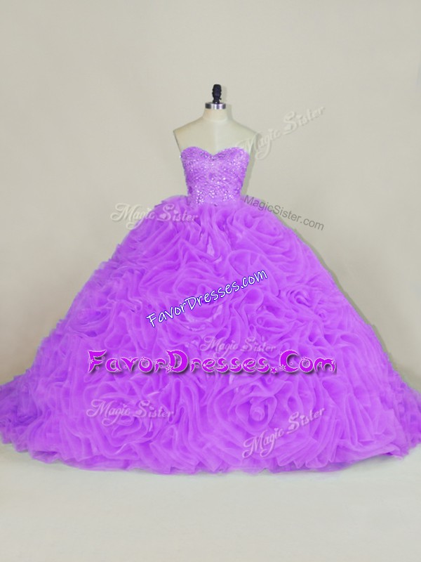  Sleeveless Fabric With Rolling Flowers Court Train Lace Up Quinceanera Dress in Lavender with Beading