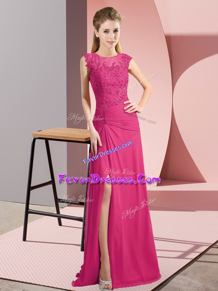 Charming Floor Length Empire Sleeveless Hot Pink Prom Dresses Zipper