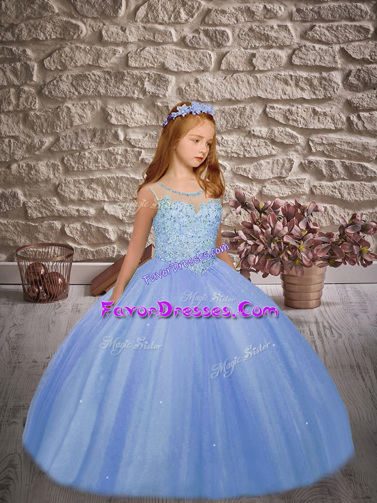  Blue Sleeveless Beading Floor Length Kids Pageant Dress