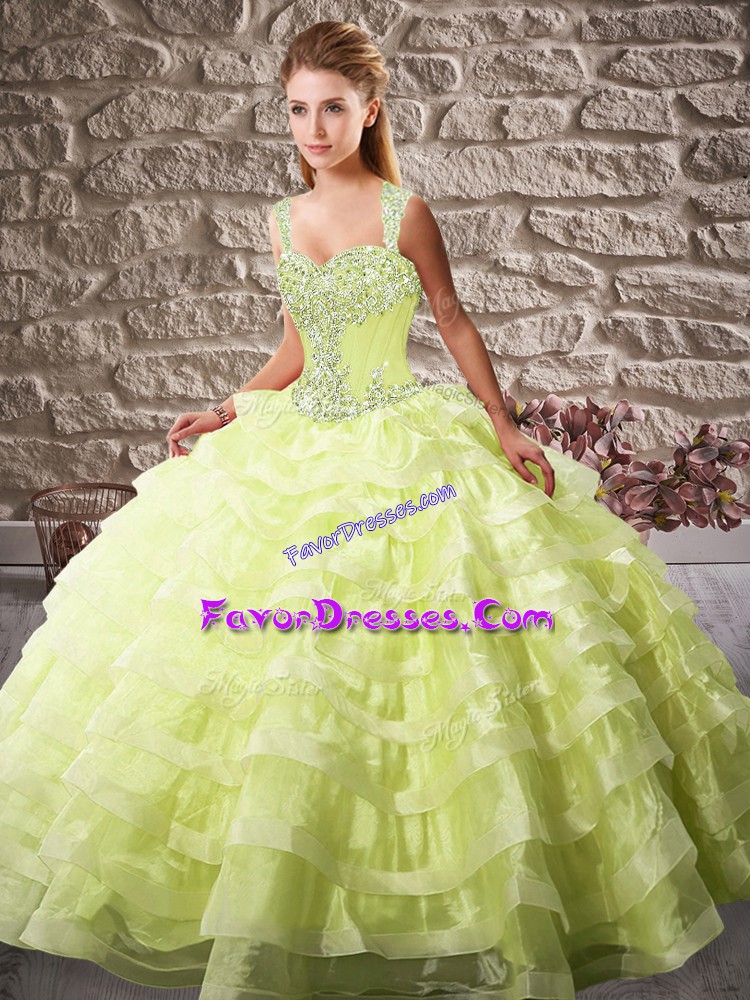  Yellow Green Straps Lace Up Beading and Ruffled Layers Quince Ball Gowns Court Train Sleeveless