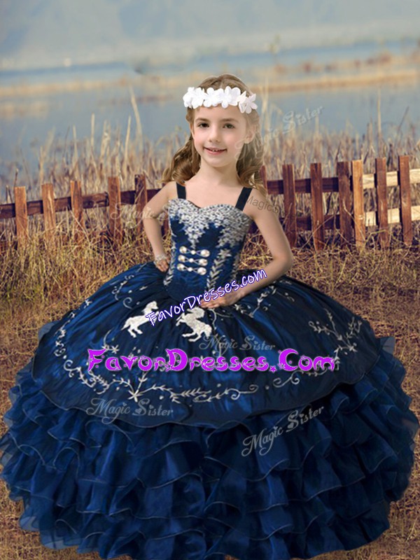  Floor Length Navy Blue Little Girls Pageant Dress Straps Sleeveless Lace Up