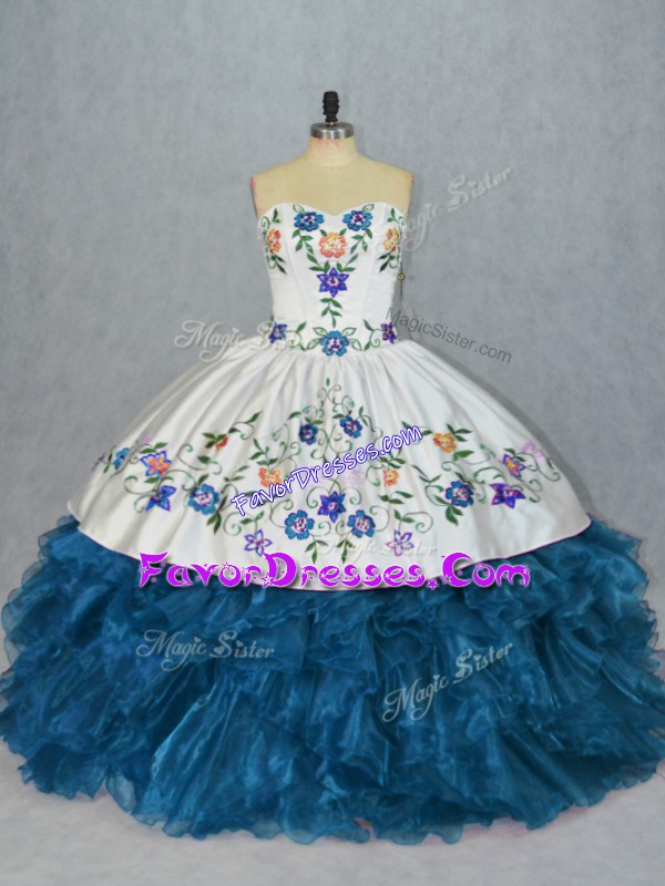 Spectacular Blue Sweetheart Neckline Embroidery and Ruffles Quinceanera Gown Sleeveless Lace Up