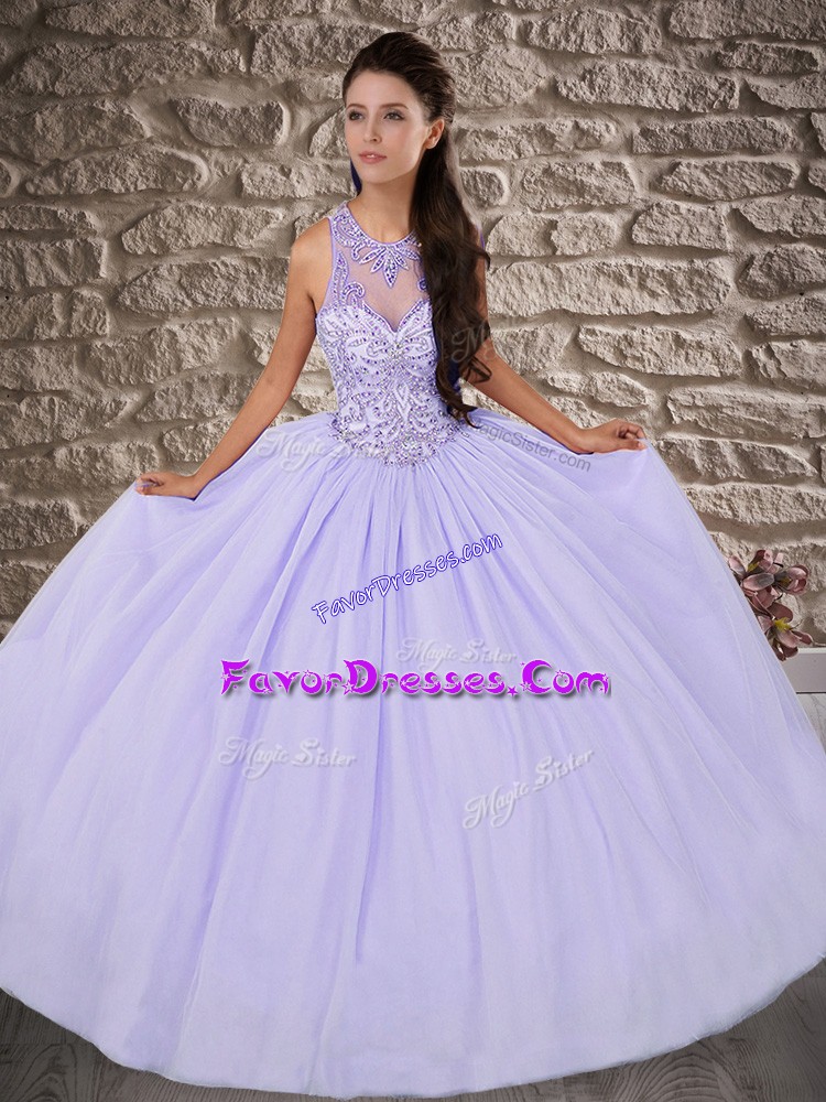 Designer Lavender Quinceanera Gowns Military Ball and Sweet 16 and Quinceanera with Beading Scoop Sleeveless Brush Train Lace Up