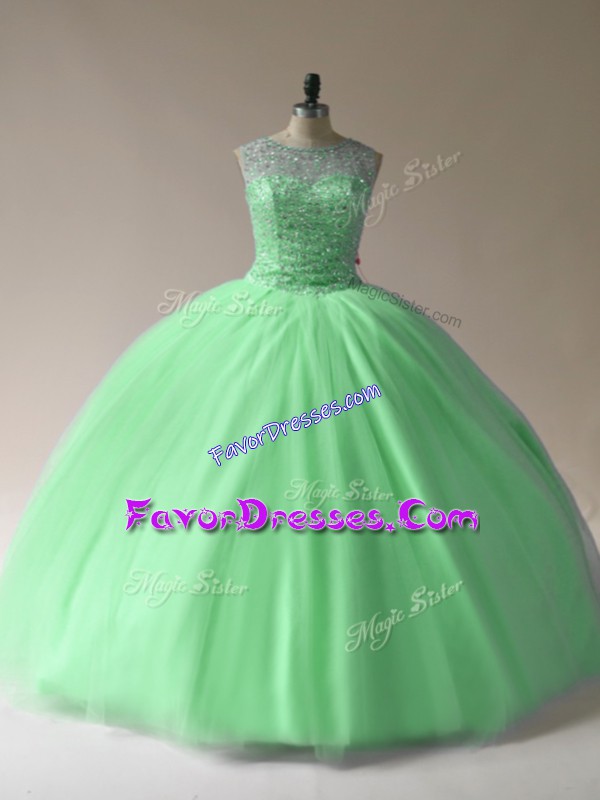  Tulle Lace Up Scoop Sleeveless Floor Length Quinceanera Dresses Beading