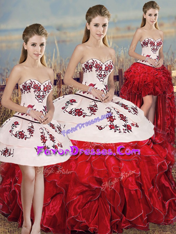  White And Red Sleeveless Floor Length Embroidery and Ruffles and Bowknot Lace Up Sweet 16 Dress