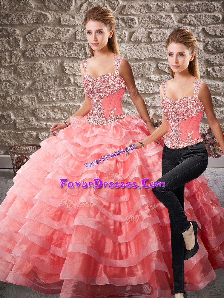 Traditional Watermelon Red Ball Gowns Straps Sleeveless Organza Court Train Lace Up Beading and Ruffled Layers Sweet 16 Quinceanera Dress