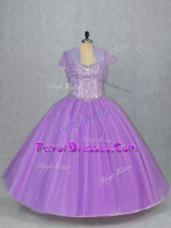 Sweet Lavender Ball Gowns Beading Quinceanera Gown Lace Up Tulle Sleeveless Floor Length
