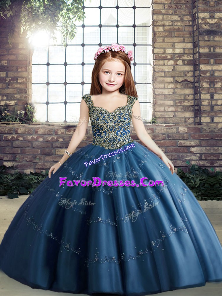 Dazzling Floor Length Ball Gowns Sleeveless Blue Little Girl Pageant Gowns Lace Up
