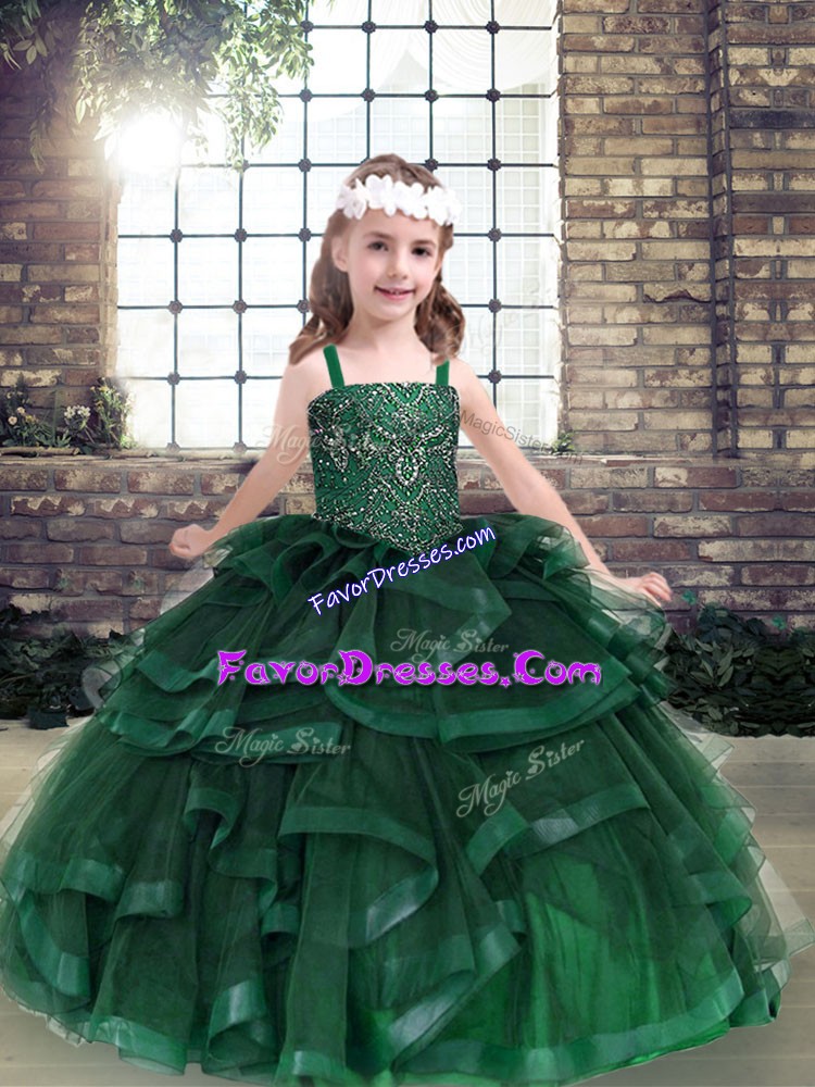 Ball Gowns Kids Formal Wear Green Straps Tulle Sleeveless Floor Length Lace Up