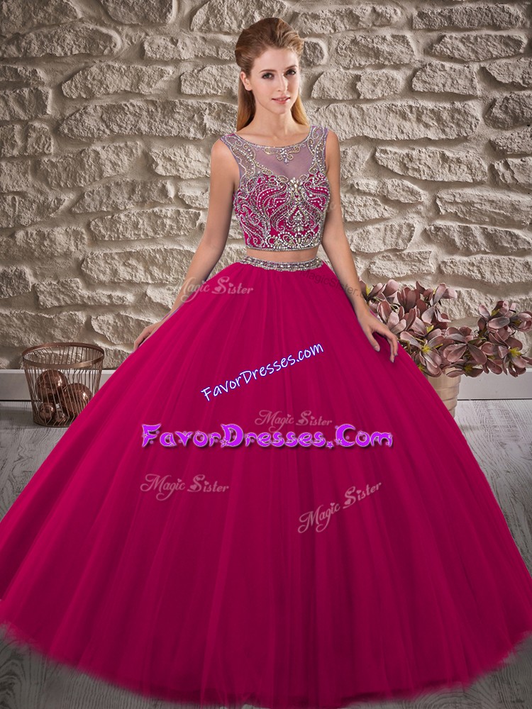 Fancy Fuchsia Two Pieces Tulle Scoop Sleeveless Beading Lace Up Quince Ball Gowns Brush Train