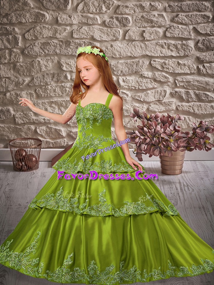 Luxurious Lace Up Little Girl Pageant Dress Olive Green for Wedding Party with Appliques and Ruffled Layers Brush Train