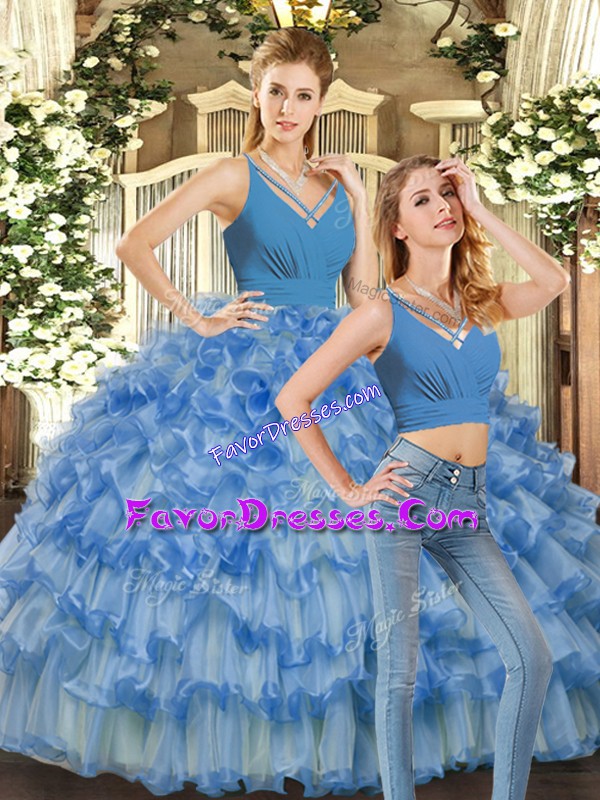  Organza V-neck Sleeveless Backless Ruffles Quinceanera Gown in Blue