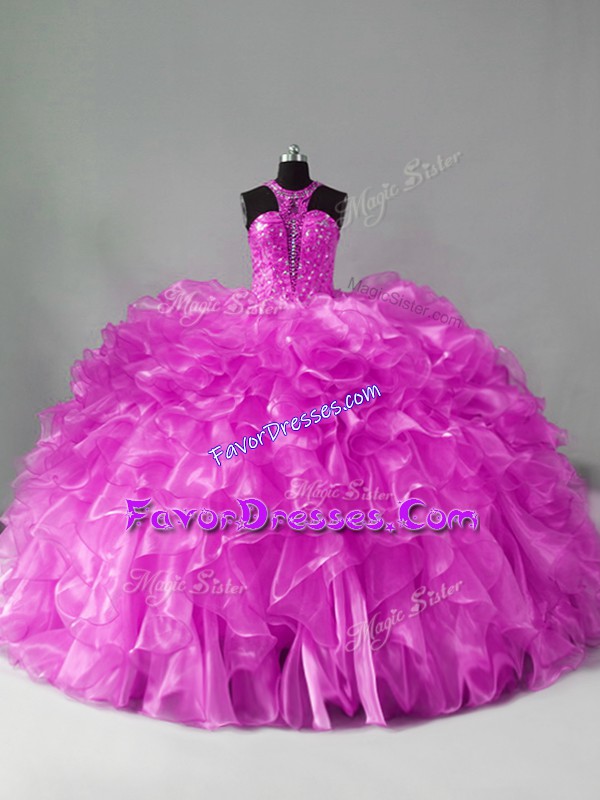  Halter Top Sleeveless Brush Train Zipper Ball Gown Prom Dress Lilac Organza