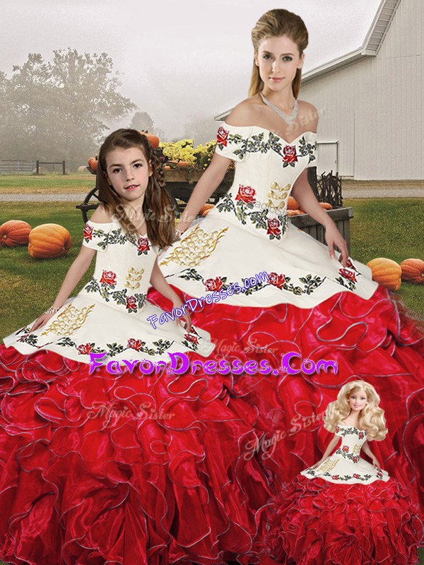 Great White And Red Organza Lace Up Off The Shoulder Sleeveless Floor Length Sweet 16 Dress Embroidery and Ruffles