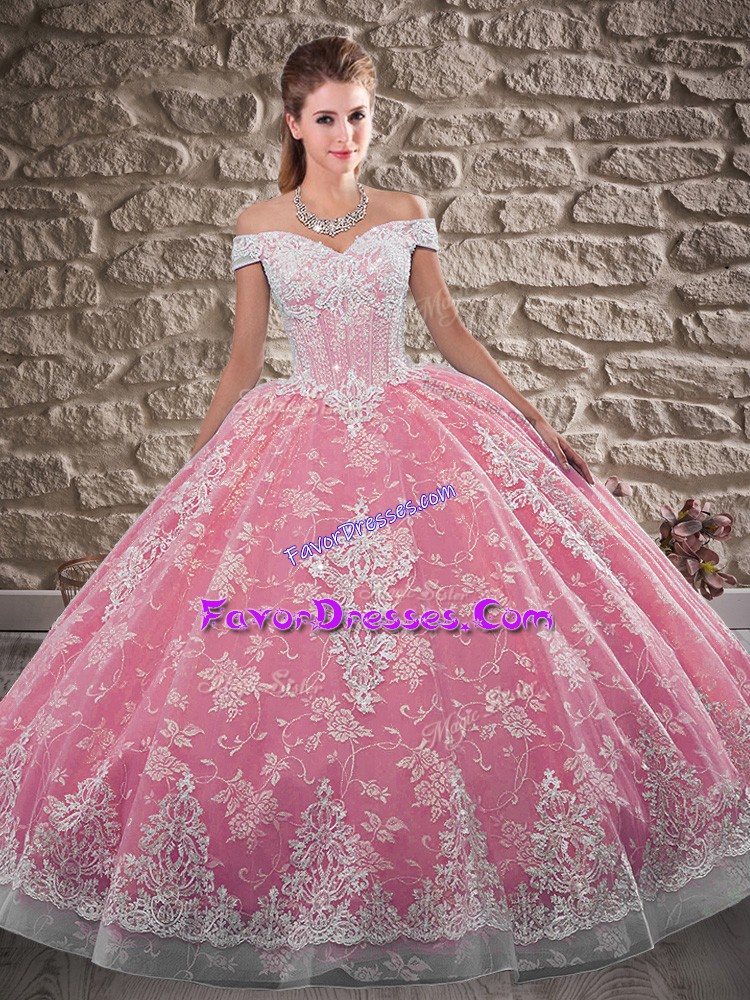Ideal Off The Shoulder Sleeveless Brush Train Lace Up Sweet 16 Dresses Watermelon Red Tulle and Lace