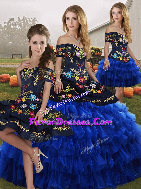 Delicate Blue And Black Lace Up Quinceanera Gown Embroidery and Ruffled Layers Sleeveless Floor Length