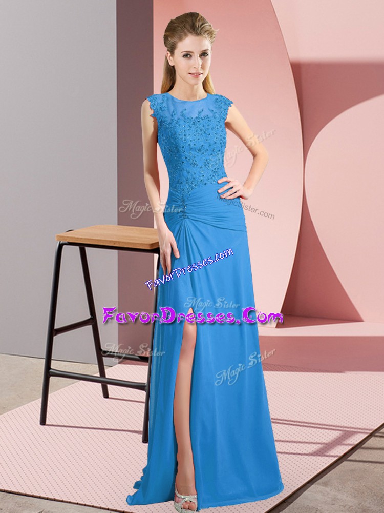  Blue Sleeveless Floor Length Lace and Appliques Zipper 