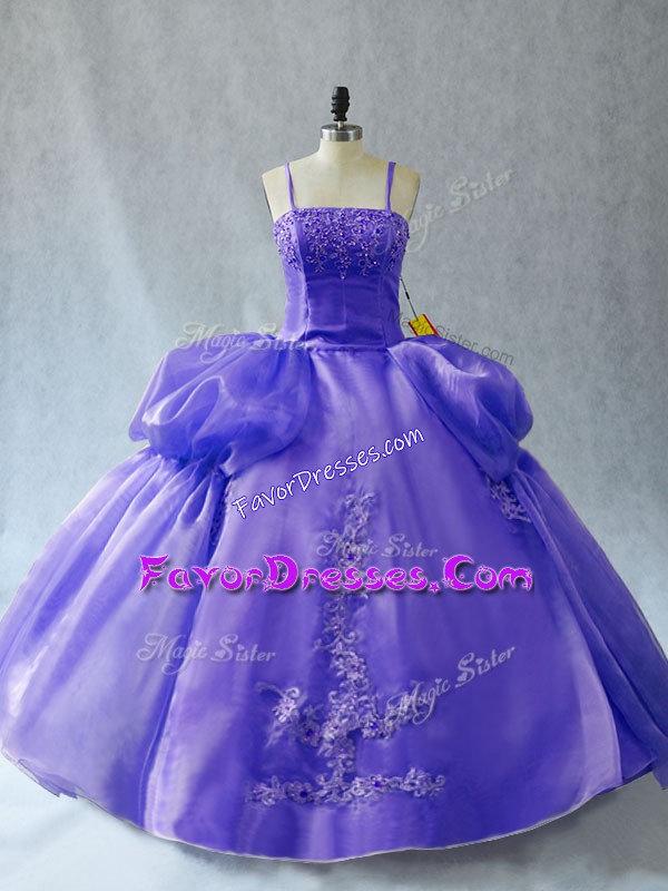 Decent Lavender Sleeveless Floor Length Appliques Lace Up Sweet 16 Dresses
