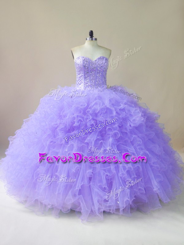 Affordable Lavender Tulle Lace Up Quinceanera Gowns Sleeveless Floor Length Beading and Ruffles